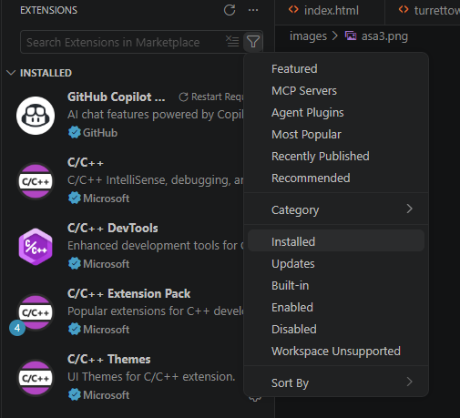 VS Code Installed Filter Screenshot